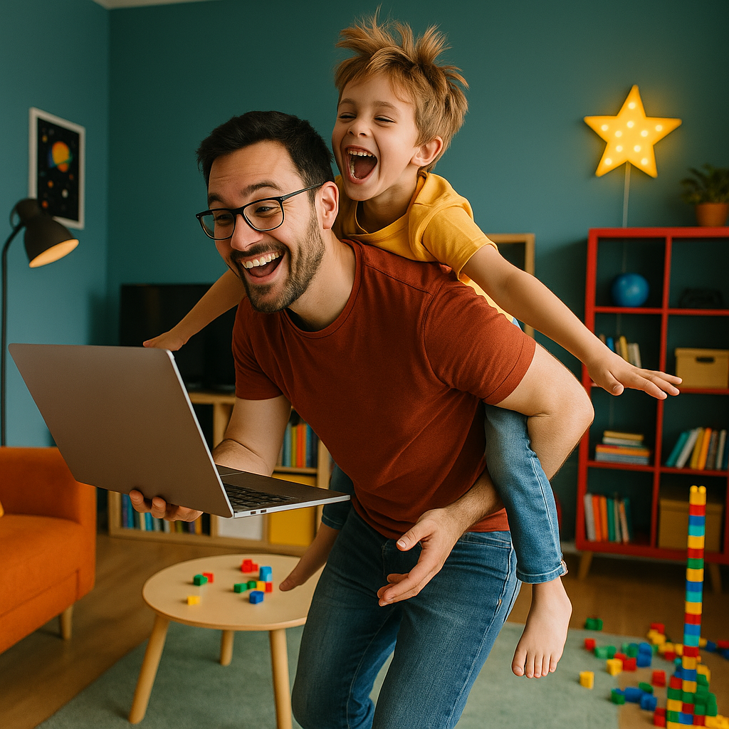 A dynamic photo of a smiling dad balancing a lapto
